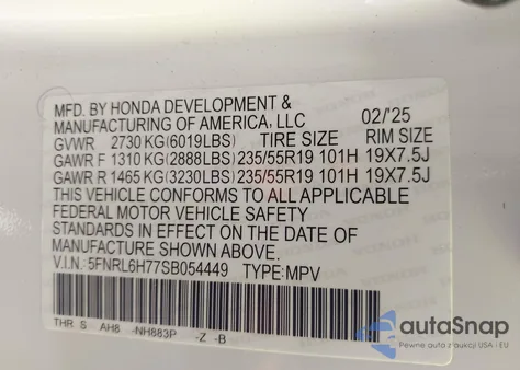 2025 Honda Odyssey Sport-L из США, поврежденный, VIN 5FNRL6H77SB054449